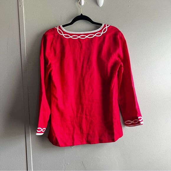 Talbots Red Linen Blouse Top Cream Embroidered Coastal Summer - Small - Picture 6 of 8